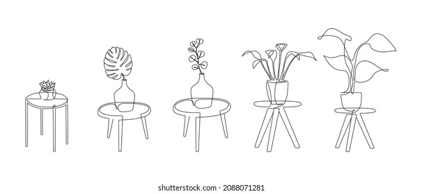 Set of continuous line drawing of house plant and flowers in pots. Linear silhouette houseplant for home interior decorations of trendy scandinavian style contour lines. Doodle Vector illustration