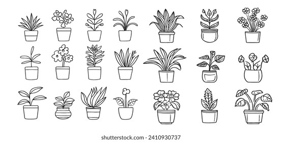 Set of continuous line drawing of house plant and flowers in pots. Outline of isolated on white background. Monochrome vector illustration.