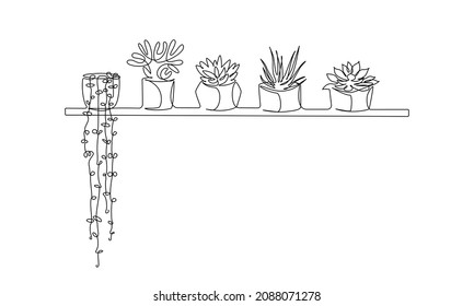 Set of continuous line drawing of houseplants succulents cactus and aloe vera in pots on wall shelf. Linear silhouette flowers for home interior decorations of hygge style. Vector illustration