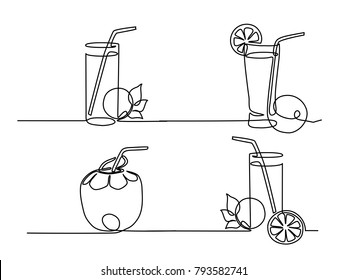 Set continuous line drawing. Lemonade in a glass with lemon and orange. Vector illustration black line on white background.