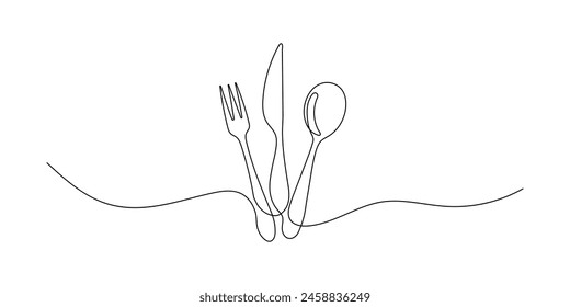 Set in continuous line drawing style of spoon, fork, steak knife line art decorative healthy food. Vector graphics.