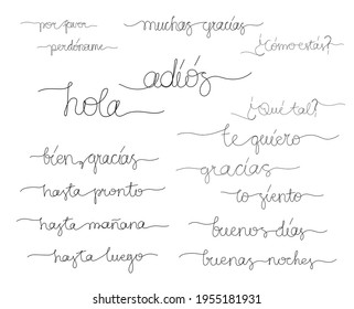 Set of continuous line drawing text - most common phrases on Spanish. Minimalist vector lettering isolated on white background.