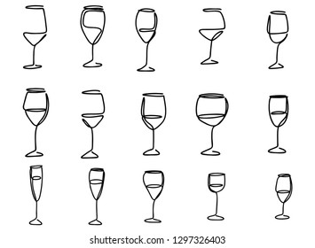set - Continuous line, drawing of wine glasses, drinks, illustration icons, vector