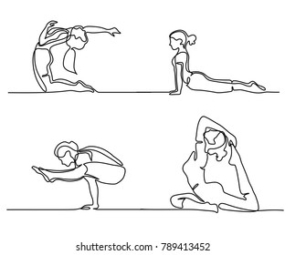 Set Continuous line drawing. Woman doing exercise in yoga pose. Vector Illustration