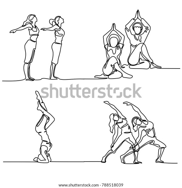 Set Continuous Line Drawing Woman Doing Exercise In Yoga Pose Vector