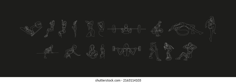 Set with continuous line female figure naked strong muscular healthy vector illustration hand drawn design print graphics style