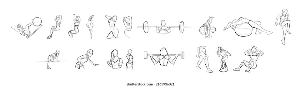 Set with continuous line female figure naked strong muscular healthy vector illustration hand drawn design print graphics style