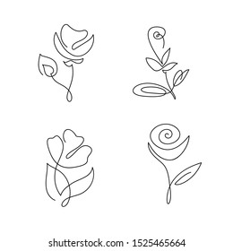 Set of continuous line hand drawing calligraphic vector flowers concept logo beauty. Monoline spring floral design element in minimal style. Valentine love concept