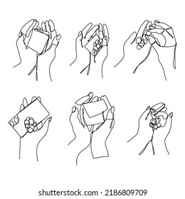 Set Continuous line icon Charity Donation Helping hands Giving alms. Payment in cash, purchase or purchase of goods. Vector illustration isolated on white background