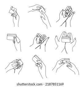 Set Continuous line icon Charity Donation Helping hands Giving alms. Payment in cash, purchase or purchase of goods. Vector illustration isolated on white background
