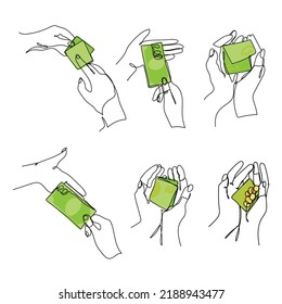 Set Continuous line icon Charity Donation Helping hands Giving alms. Payment in cash, purchase or purchase of goods. Vector illustration isolated on white background
