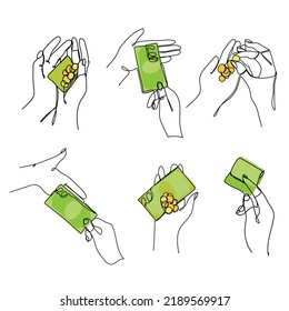 Set Continuous line icon Charity Donation Helping hands Giving alms. Payment in cash, purchase or purchase of goods. Vector illustration isolated on white background