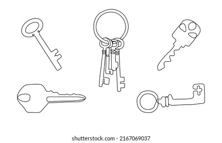 Set of continuous line key icon drawings. Hand drawn minimalist key illustration for room, home, locker. Vector element for real estate sale or rental. Access icon outline, web security keys concept