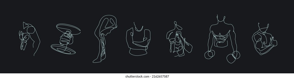 Set with continuous line male figure naked strong muscular healthy vector illustration hand drawn design print graphics style