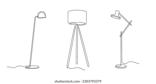 Set of Continuous line room floor lamps. One line drawing of object of home furniture for interior design illustration. Line art object. Lampshade in linear style. Single line Minimalist design