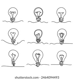 Satz von kontinuierlichen One Line Art Idea Lampen. Creative Lösung Teamwork Lampenkonzept Minimal Line Art Design, Lichter Skizze Umrisszeichnung Vektorillustration