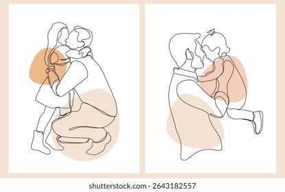 Set of Continuous One Line Art Drawing for Happy Father's Day. Happy young father with little daughter. Daddy and daughter in continuous line art. Vector Illustration.