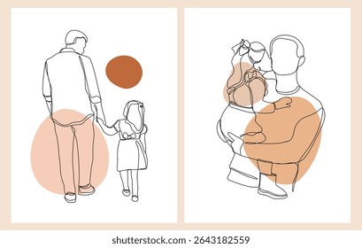 Set of Continuous One Line Art Drawing for Happy Father's Day. Happy young father with little daughter. Daddy and daughter in continuous line art. Vector Illustration.