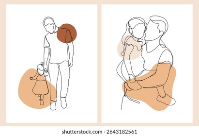 Set of Continuous One Line Art Drawing for Happy Father's Day. Happy young father with little daughter. Daddy and daughter in continuous line art. Vector Illustration.