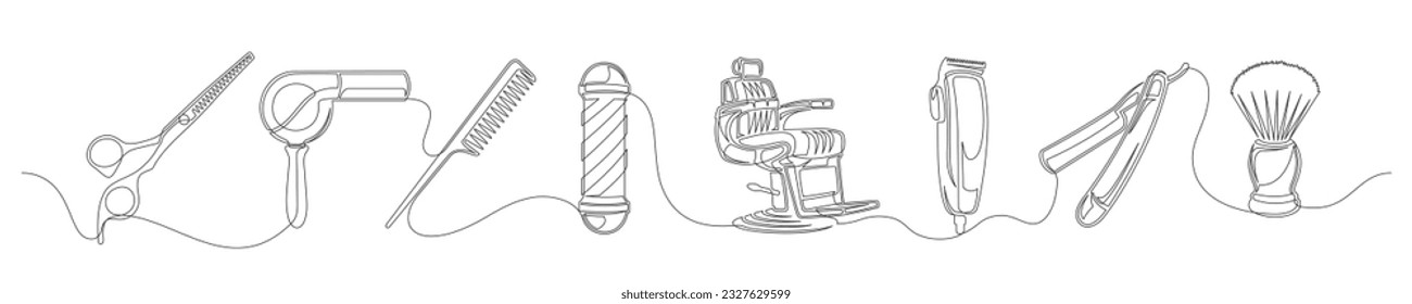 Set of continuous one line barber shop. Vintage barber shop isolated on a white background. Barber concept. Vector illustration