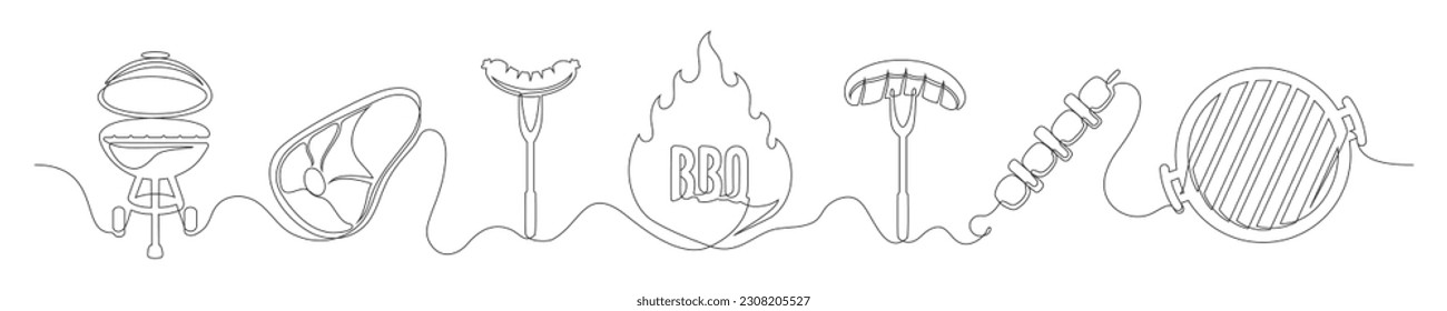 Set of continuous one line BBQ grill elements. Vintage BBQ grill elements isolated on a white background. Vector illustration