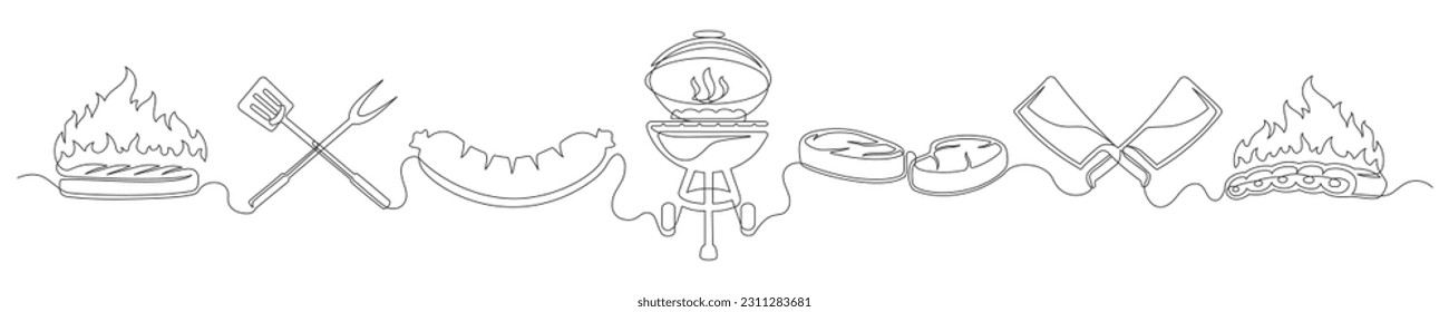 Set of continuous one line BBQ grill elements. Vintage BBQ grill elements isolated on a white background. Vector illustration