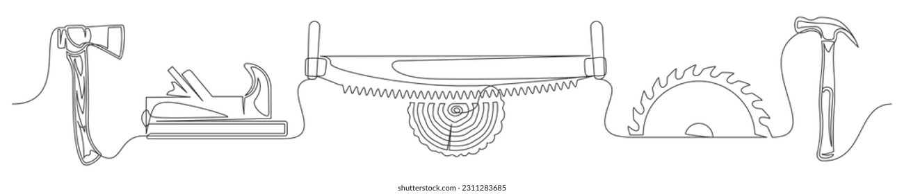 Set of continuous one line carpentry elements. Vintage carpentry elements isolated on a white background. Vector illustration