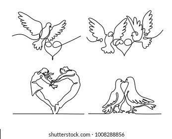 Set continuous one line drawing. Flying two pigeons with heart Valentine Day logo. Black and white vector illustration. Concept for logo, card, banner, poster, flyer