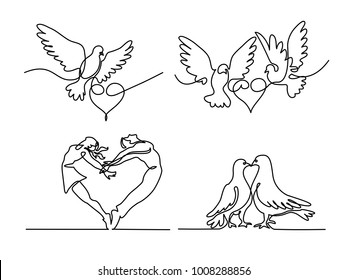 Set continuous one line drawing. Flying two pigeons with heart Valentine Day logo. Black and white vector illustration. Concept for logo, card, banner, poster, flyer