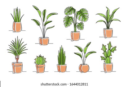 Set of continuous one line drawing of a flowers in a pots. Beautiful flowers isolated on a white background. Vector illustration