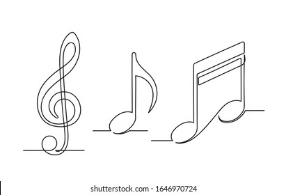 Set of continuous one line drawing of a musical notes. Treble clef and notes isolated on white background. Music concept. Vector illustration