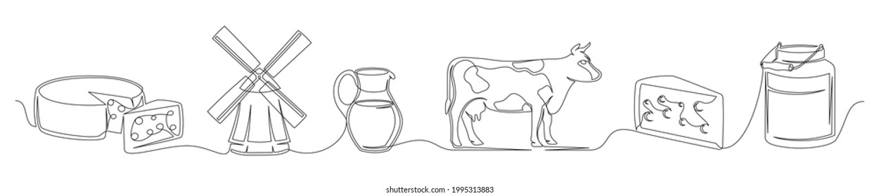 Set of continuous one line drawing of a cheese theme. One line of cheese, cow, mill, can, pitcher isolated on white background. Cheese concept. Vector illustration