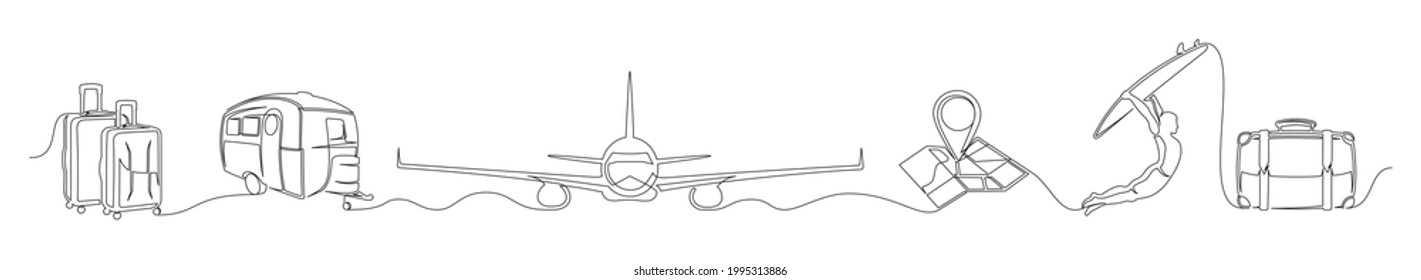 Conjunto de dibujo continuo de una línea de un tema de viaje. Una línea de maletas, avión, camper, mapa aislado en fondo blanco. Concepto de viajes. Ilustración del vector