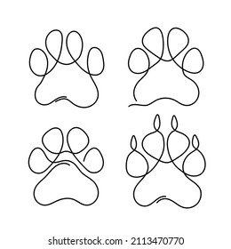 Set Of Continuous One Line Drawing Illustration Of A Paw Pad. Dog Paw Print Drawing. Footprint With Claw. Isolated On White Background.