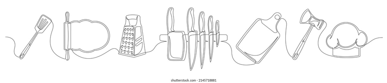 Set of continuous one line drawing of a kitchen elements. Cooking elements isolated on a white background. Vector illustration