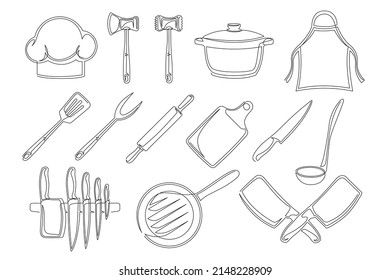 Conjunto de un plano continuo de una línea de elementos de cocina. Elementos de cocina aislados en un fondo blanco. Ilustración del vector