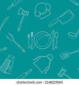 Set of continuous one line drawing of a kitchen elements. Seamless pattern. Cooking elements isolated on a green background. Vector illustration