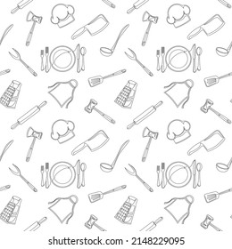 Set of continuous one line drawing of a kitchen elements. Seamless pattern. Cooking elements isolated on a white background. Vector illustration