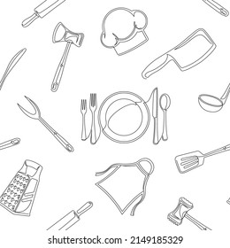 Set of continuous one line drawing of a kitchen elements. Seamless pattern. Cooking elements isolated on a white background. Vector illustration