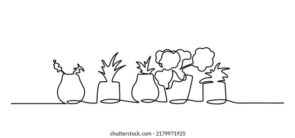 Set of continuous one line drawing of a flowers in a pots. Beautiful flowers isolated on a white background. Vector illustration Potted plants Family One Line Hand Drawn Illustration.