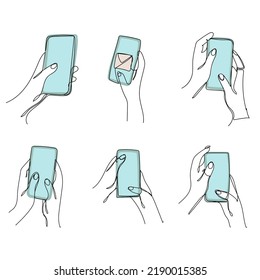 Establecer un dibujo continuo de una línea de una mano sosteniendo un teléfono o smartphone. Teléfono móvil, tecnología, gadget, comunicación, dispositivo, teléfono, pantalla, electrónica, mano, smartphone, vector de palma