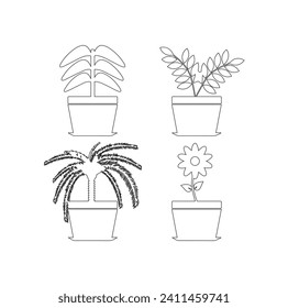 Set of continuous one line drawing of a flowers in a pots. Interior flowers in pot.  Indoor Home plants vector illustration set . Potted houseplant, line art hand drawing.