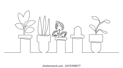 Set of continuous one line drawing of flowers in pots. Beautiful flowers isolated on a white background. Vector illustration