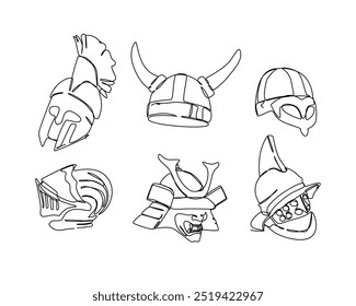 Definir desenho contínuo de uma linha de capacete medieval vintage. Spartan, viking, knight, kabuto, capacete de gladiador. Traçado editável. Ilustração vetorial