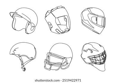 Set continuous one line drawing of sports helmet. Baseball, headguard, rider, skate, american footabll, ice hockey helmet. Editable stroke. Vector illustration