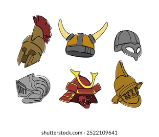 Definir desenho contínuo de uma linha de capacete medieval vintage. Spartan, viking, knight, kabuto, capacete de gladiador. Traçado editável. Ilustração de vetor colorido