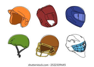 Definir desenho contínuo de uma linha de capacete de esportes. Beisebol, guarda-cabeça, ciclista, skate, futebol americano, capacete de hóquei no gelo. Traçado editável. Ilustração de vetor colorido