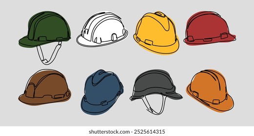 Set continuous one line drawing of safety helmet Different color. Vector illustration.