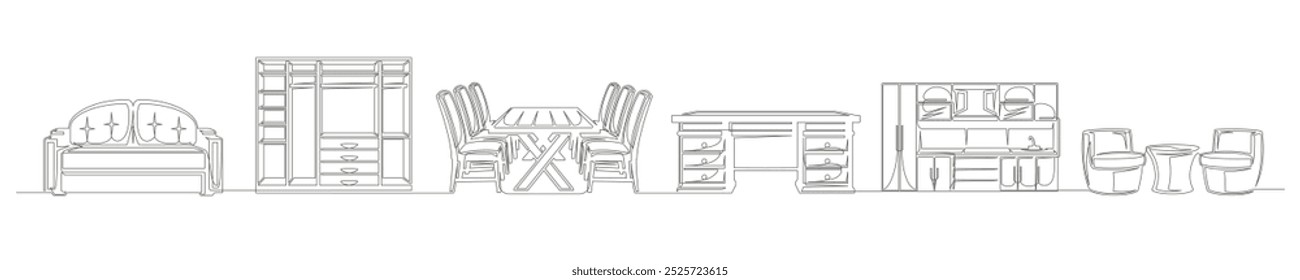 Conjunto de muebles de dibujo continuo de una línea aislados sobre fondo blanco. Muebles de Antiguas para el diseño de interiores. Trazo editable. Ilustración vectorial