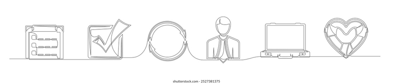 Conjunto de dibujo continuo de una línea de un Elementos de seguros. Icono de negocios de contorno simple aislado sobre un fondo blanco. Ilustración vectorial